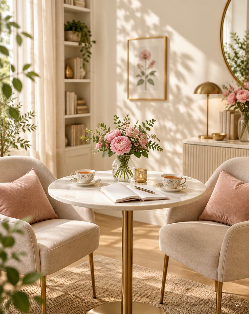 A warm conversation setting with two chairs, tea and flowers